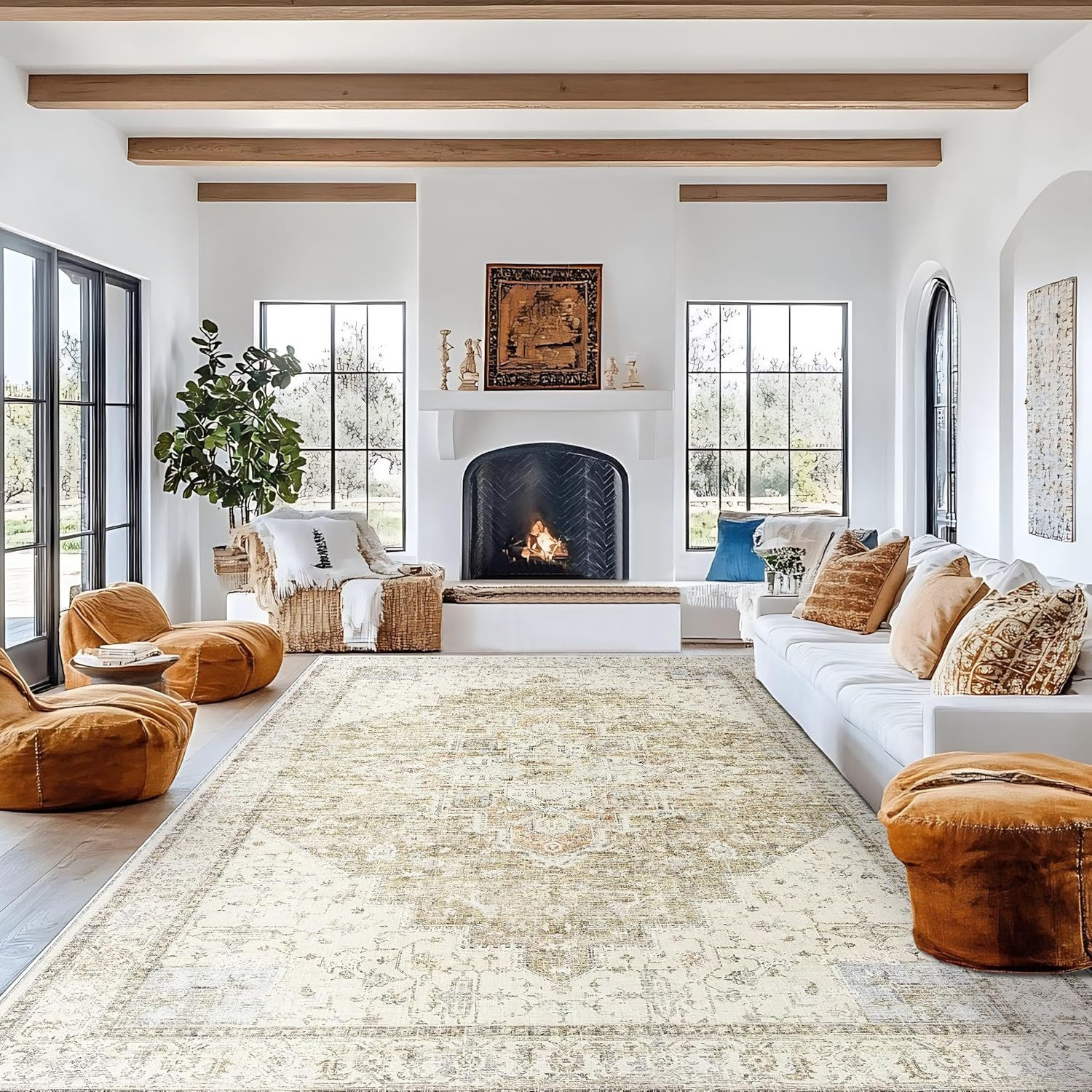 Modern Farmhouse 8×10 Area Rug – Easy Clean Rustic Earth Tones