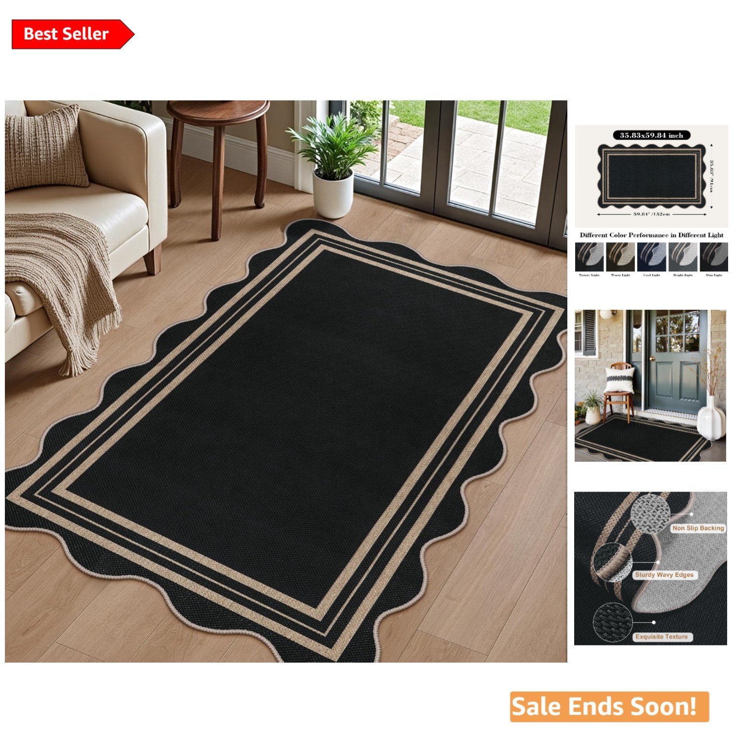 Scalloped Easy Jute 3×5 Outdoor Rug Black Geometric Non Slip Washable Modern