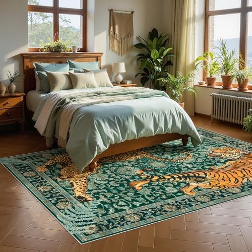 Tiger Print 5×7 Rug Green Cheetah Washable Carpet Mat