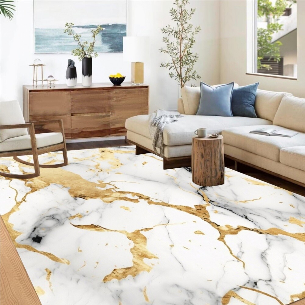 Modern Lux Light Gray White Gold Abstract Marble Rug Soft Cozy Washable Carpet