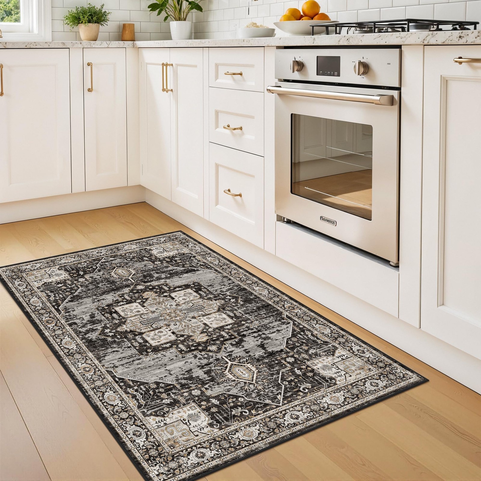 Black Washable Entryway Rug Soft Stain Resistant Distressed Carpet 3×4 FT