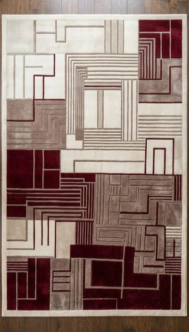 Modern Geometric Area Rug Burgundy Beige Abstract Carpet Contemporary Living Roo