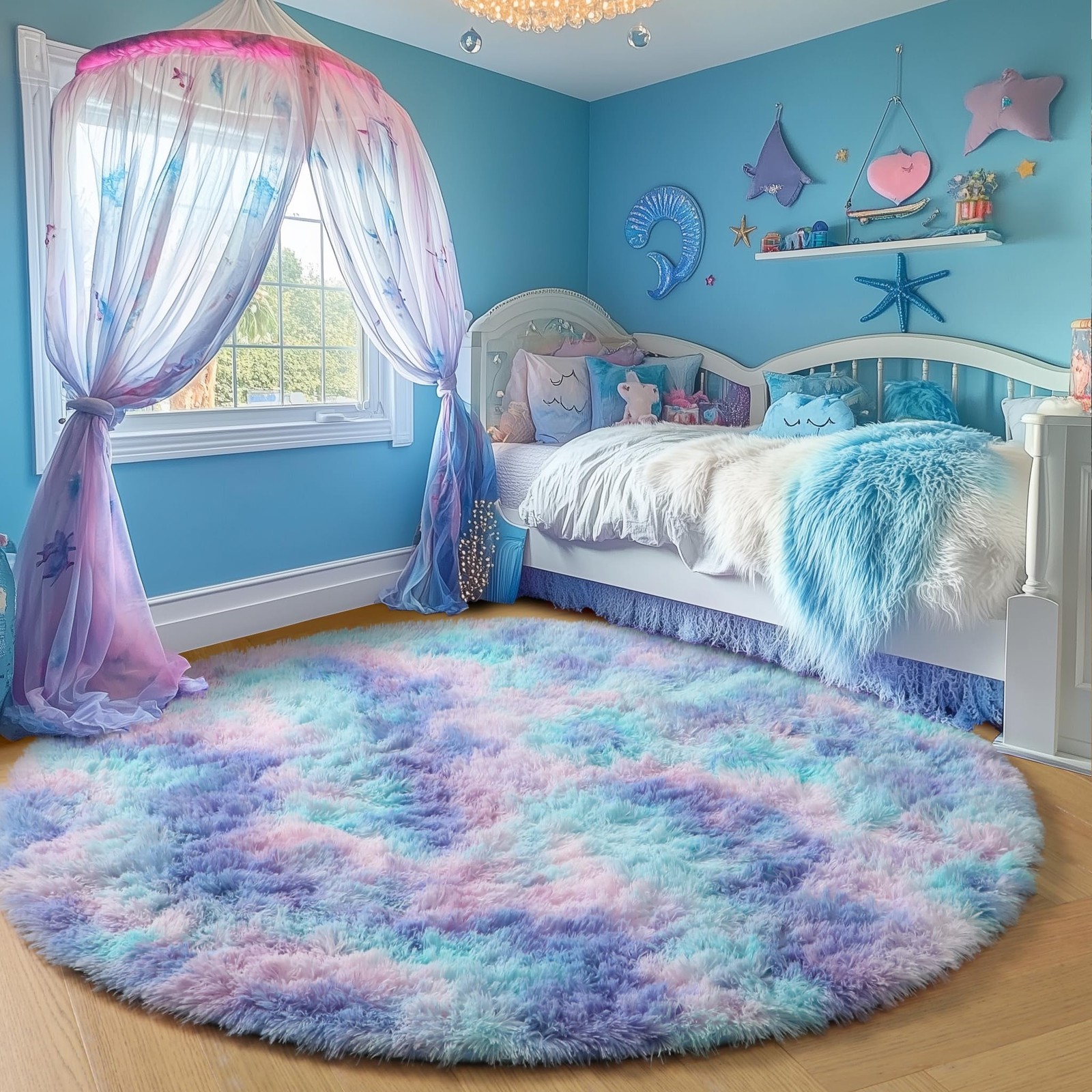 PAGISOFE Rainbow Purple Rugs for Girls Bedroom, Shaggy Big Round Rugs for Kid…