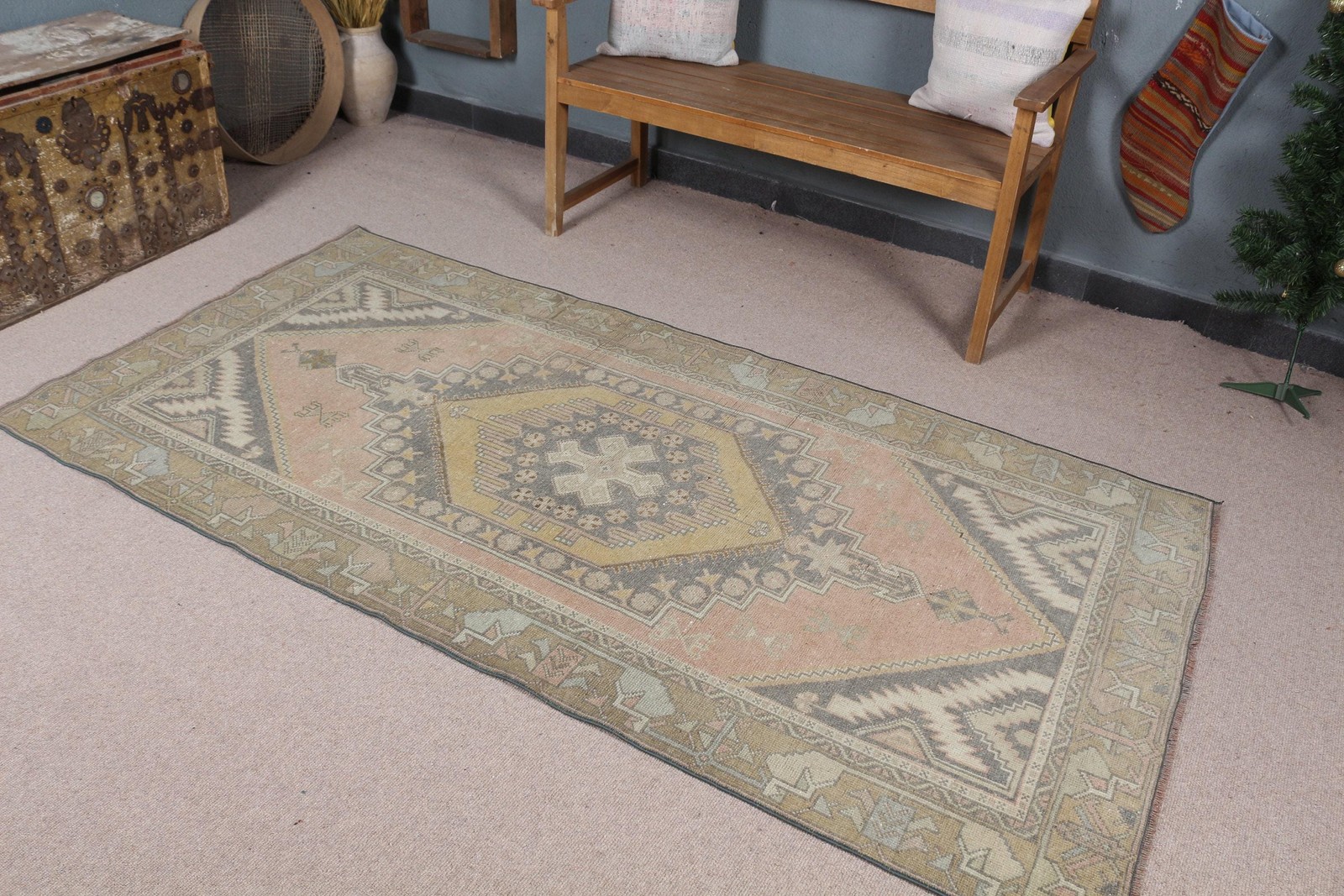 3,7×7,5 ft Turkish Vintage Rug, Area Rug, Gray Floral Rug