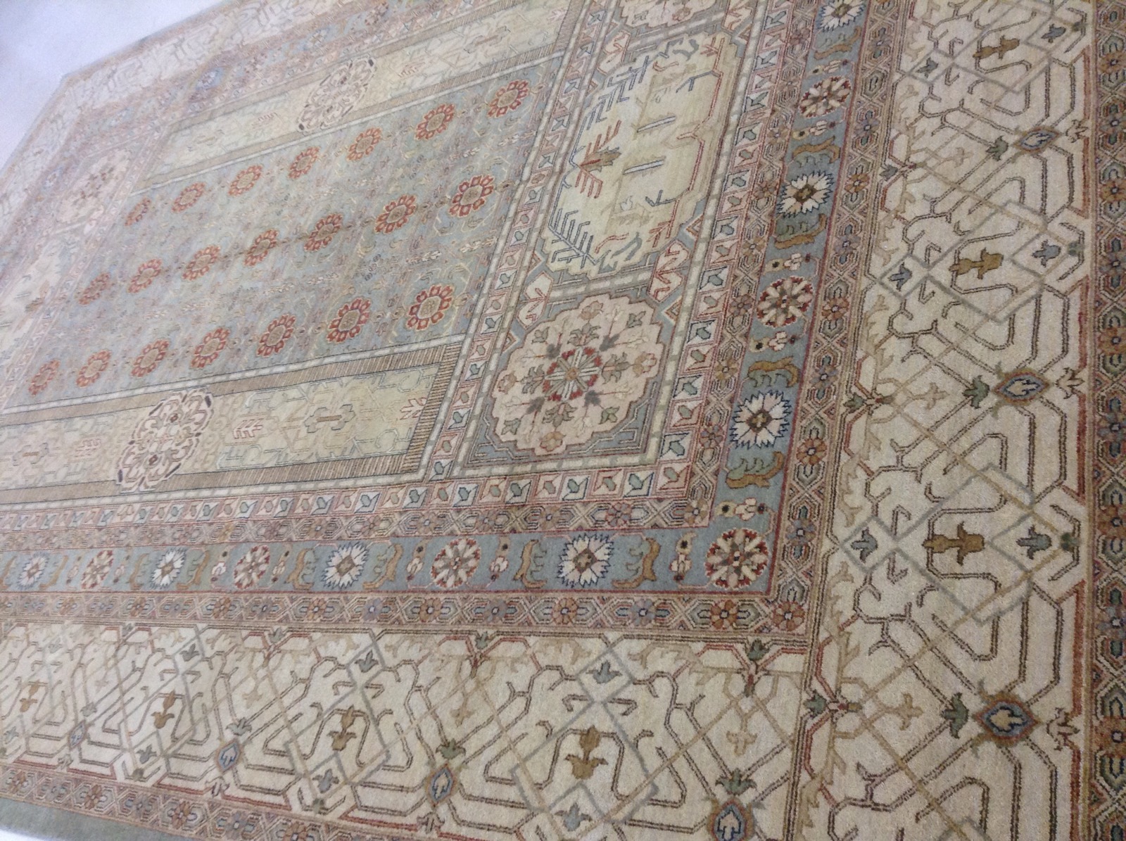 10’ X 14’ Light Blue Rust Beige Fine Geometric Oriental Rug Hand Knotted Wool