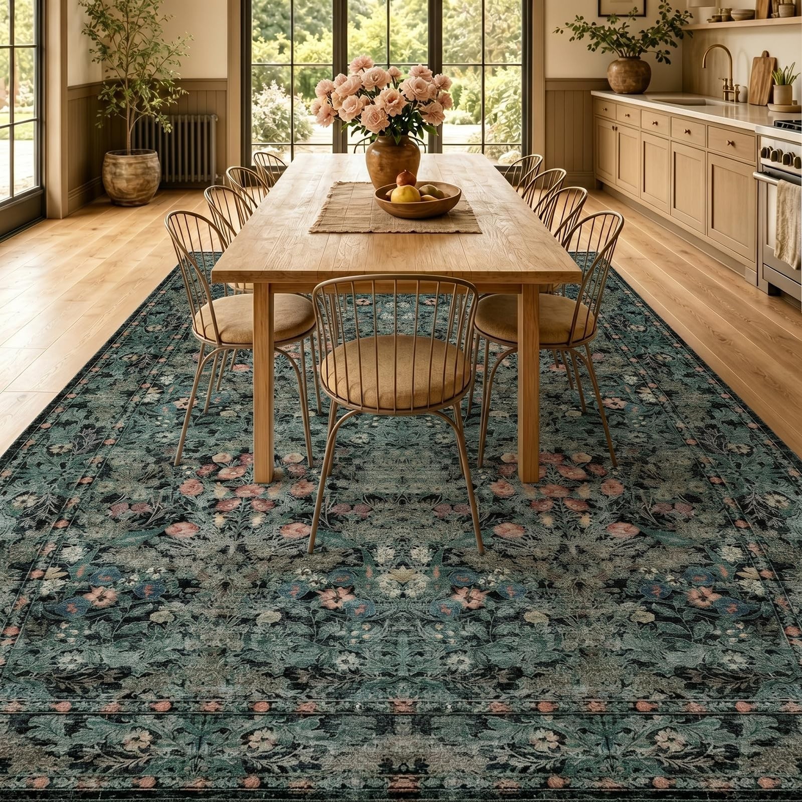Dark Green Boho 5×7 Area Rugs for Bedroom Aesthetic, Washable Floral Rug for …