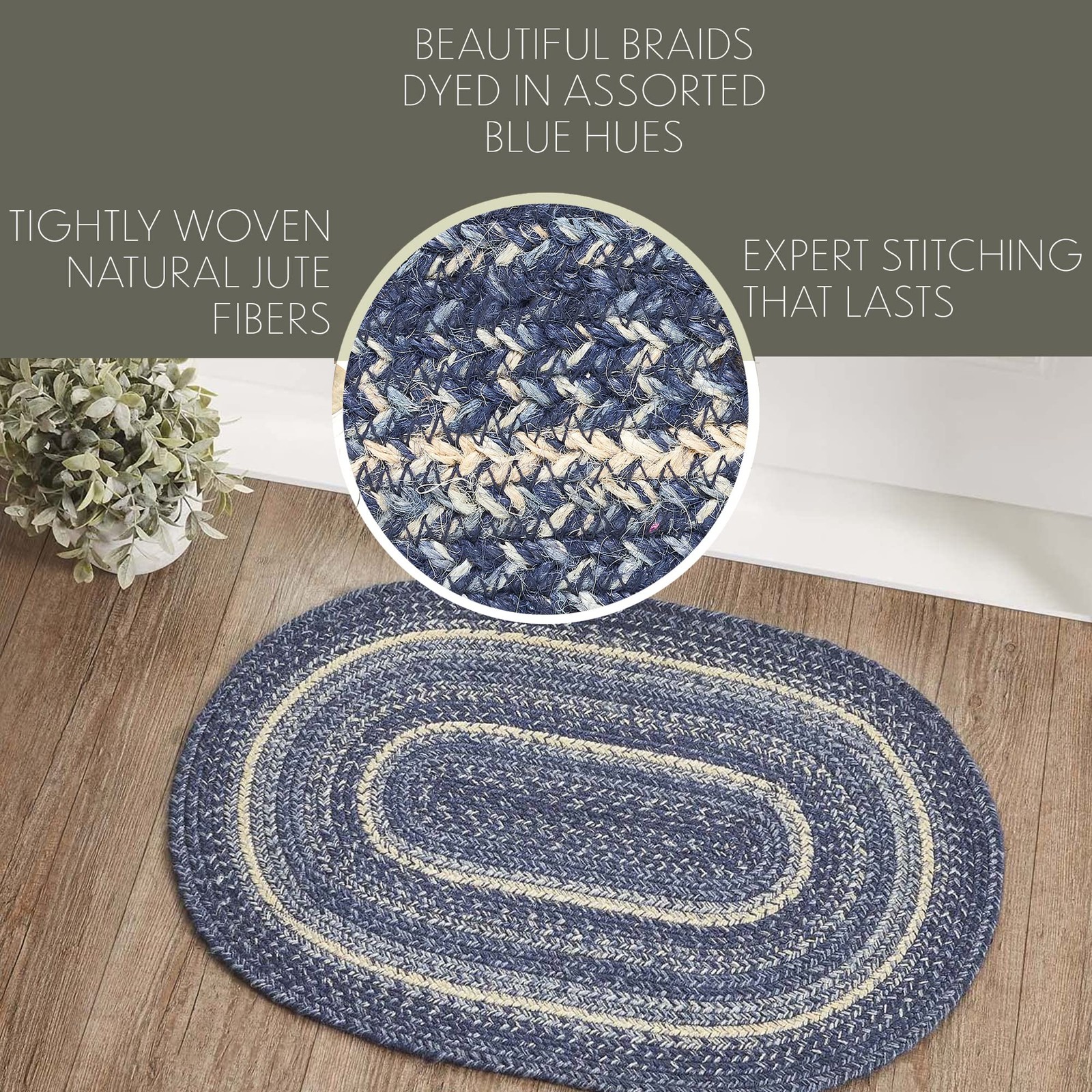 VHC Brands Great Falls Blue Rug with PVC Pad, Jute Blend, Oval, Blue White, 2…