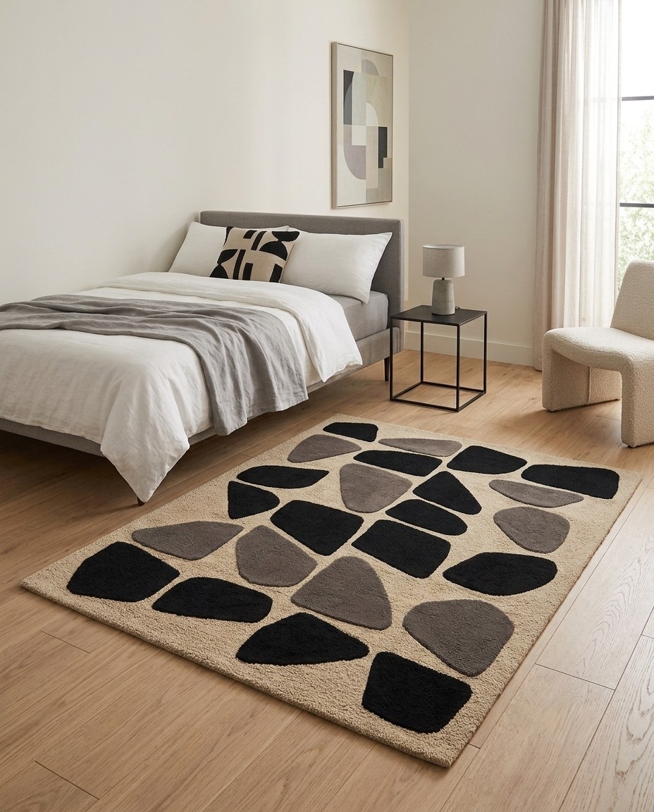 Premium Hand Tufted Wool Area Rug Modern Abstract Geometric Beige Black Gray Rug