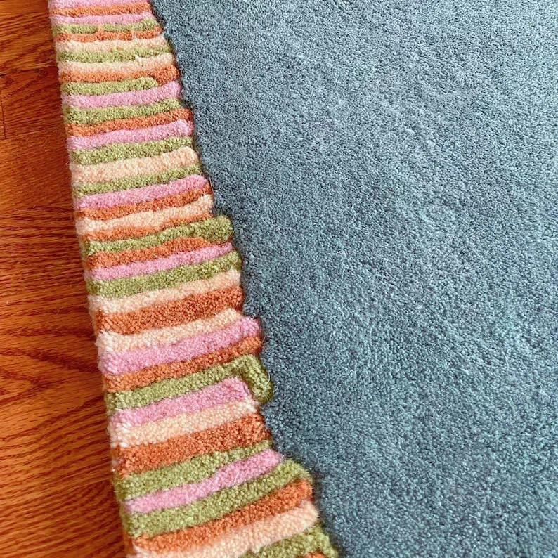 Stitched and Striped Hand Tufted Wool Rug, Colorful Blue Peach Green Orange Mode
