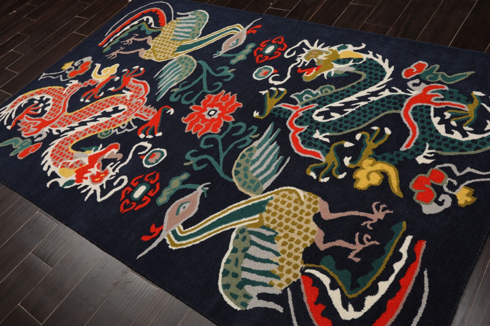 Multi Size Hand Tufted Cream Dragon & Phoenix Chinese Art Deco Wool Area Rug