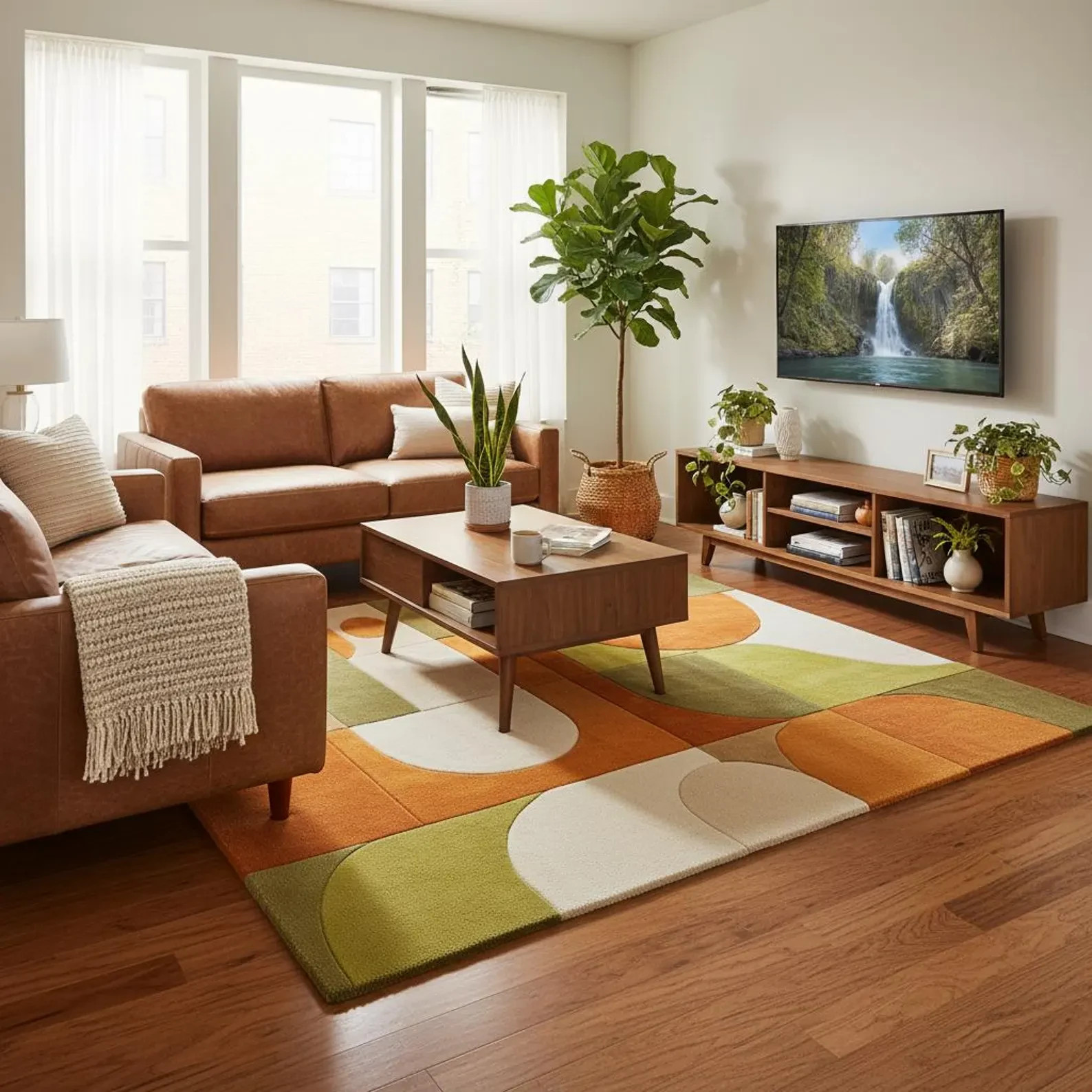 Mid-Century Modern Rug • Retro Geometric Orange Olive Abstract Carpet