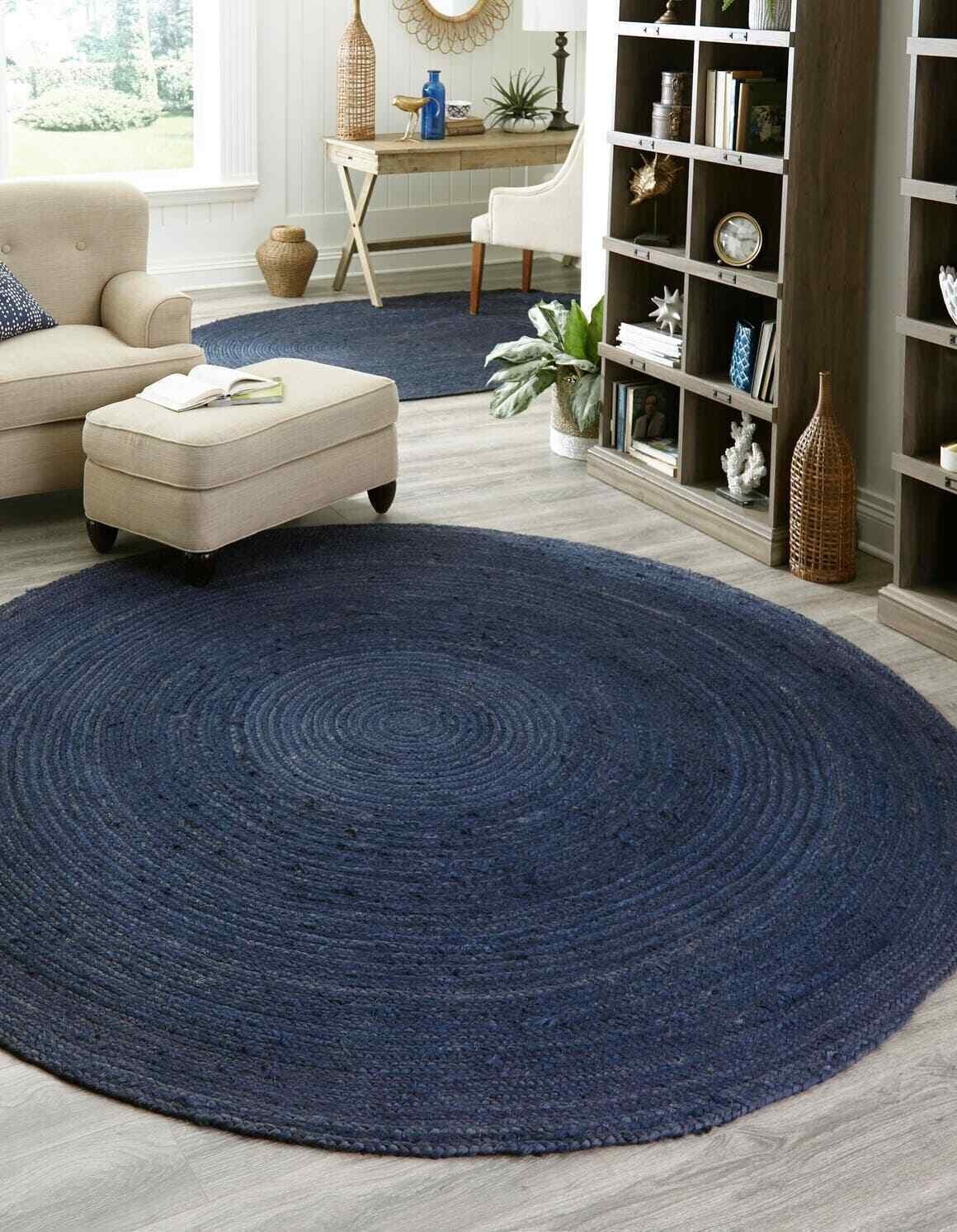 Rug Carpet Handame Jute Blue Round Area Rug Reversible Braided Home Decor Rug