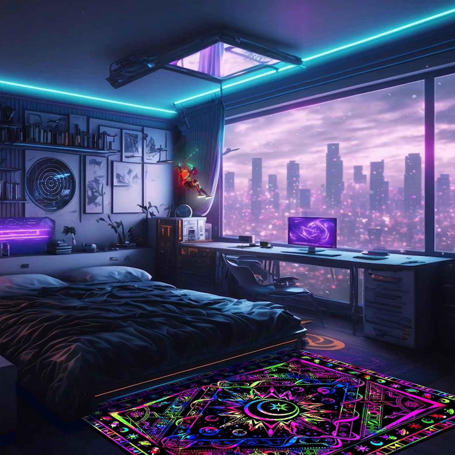 Neon Celestial Area Rug, Glow in Dark Moon & Stars, Non-Slip Boho Decor 70×47