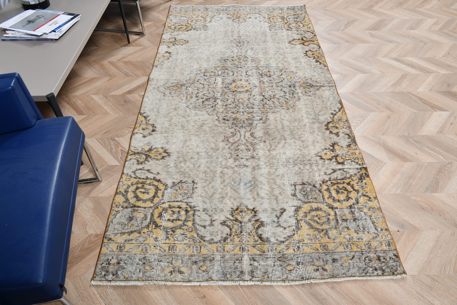 3,7×7,8 ft Rug, Vintage Turkish Rug, Gray Ikat Rug
