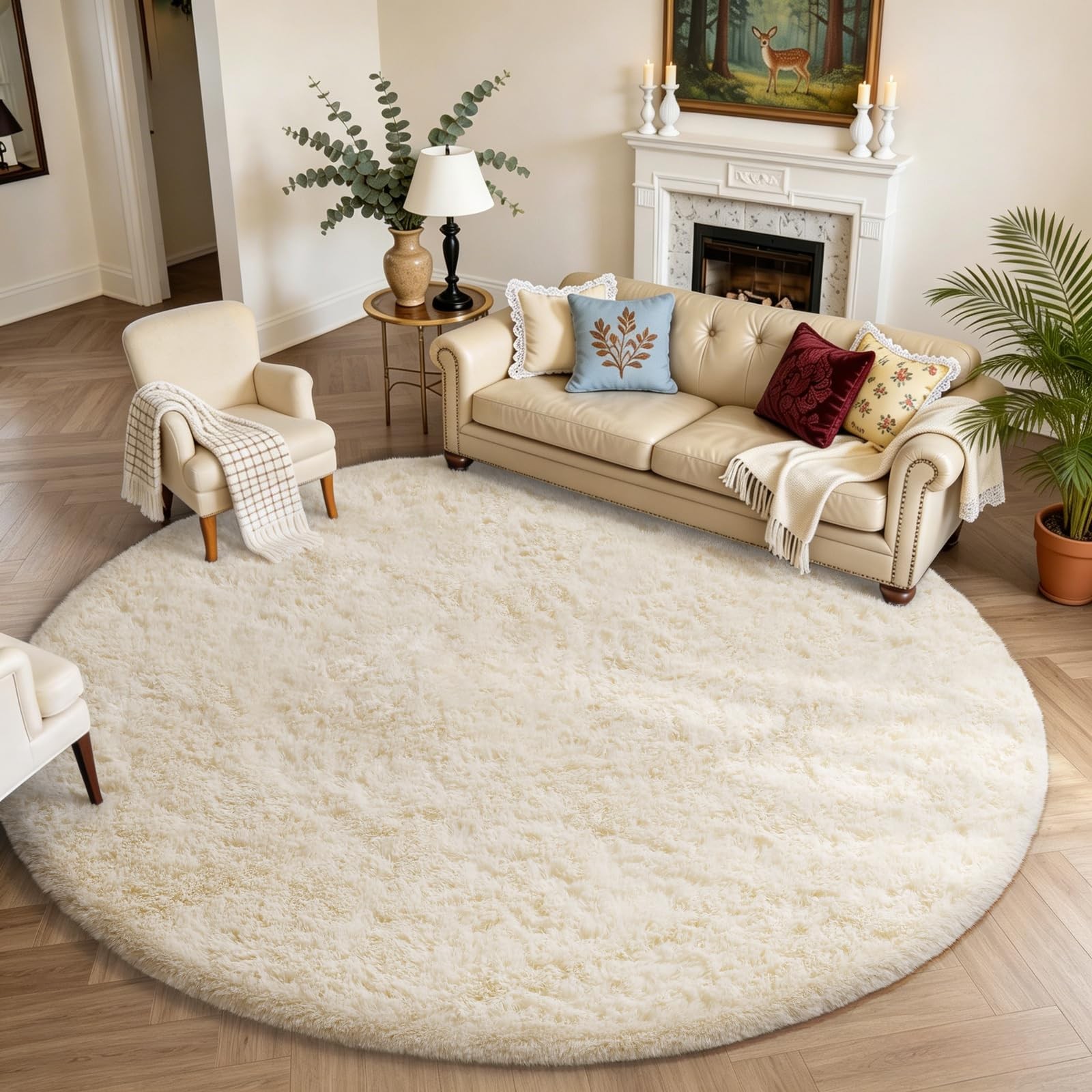 Ophanie Round Rugs 8Ft Ivory Circle Area Rug Washable, Large Living Room Aest…