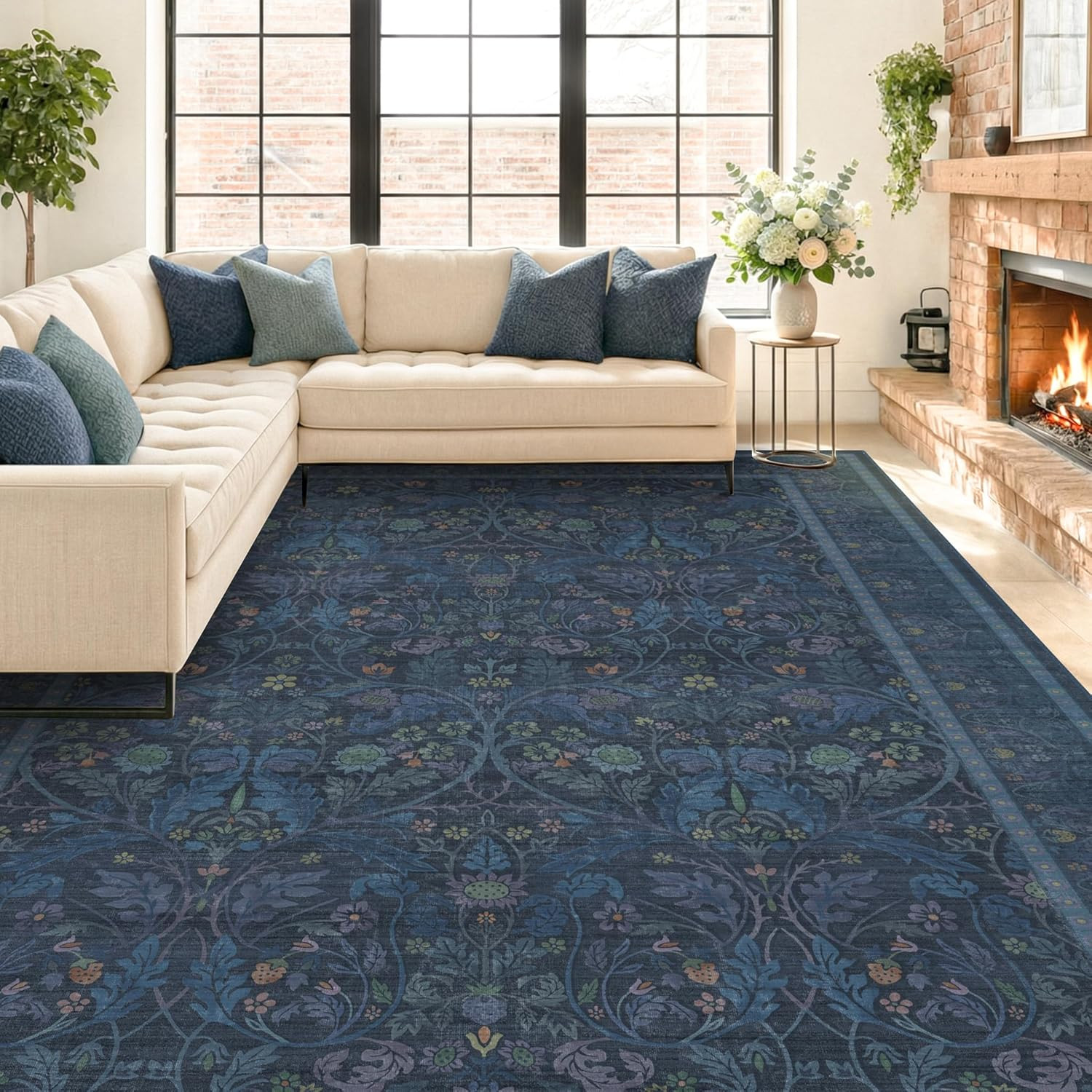 Vintage 9×12 Dark Blue Floor Rug, Soft & Washable, Boho Floral Design