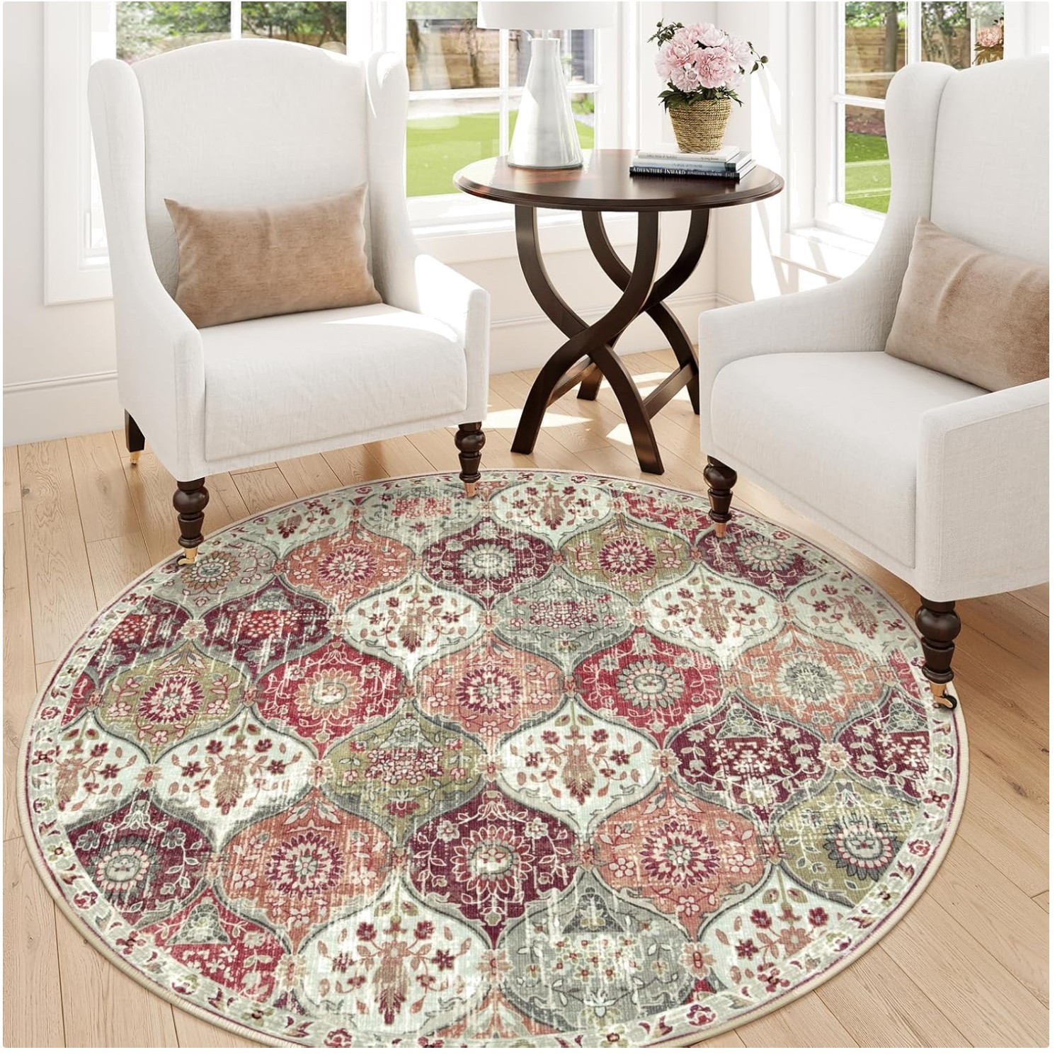 Vintage Moroccan Round Rug 3ft, Non-Slip Washable
