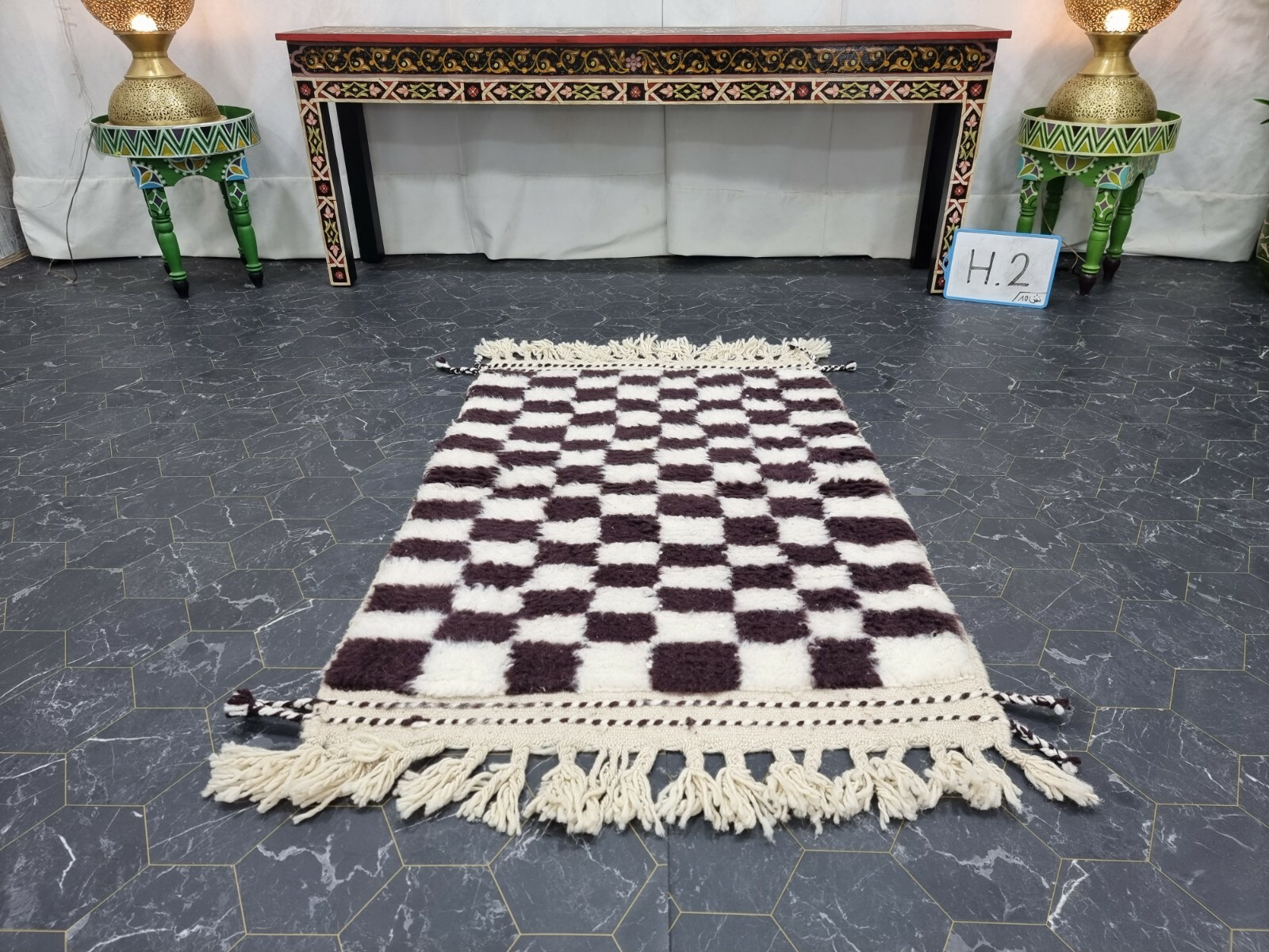 Moroccan Handmade Beni Ourain Rug 2’6″x4′ Berber Checked White Dark Maroon Rug