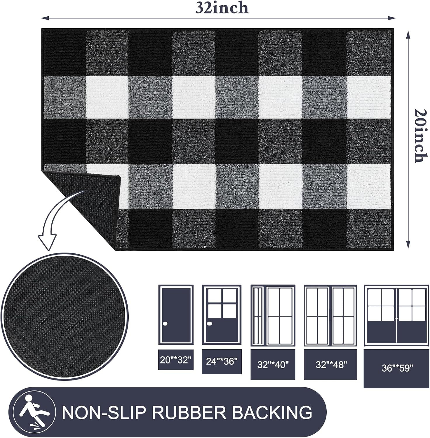 Buffalo Plaid Rug 20″X32″, Black and White Checkered Rug Rubber
