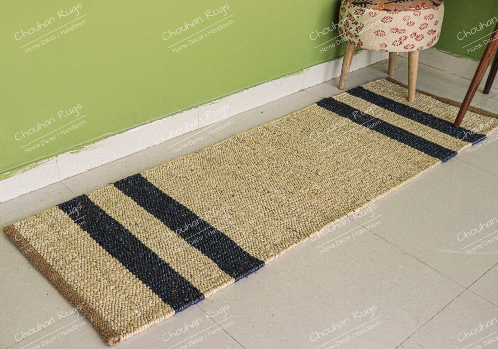 White With Navy Blue Lines Color Stair Hemp Runner Rug, Hemp Runner For Hallway