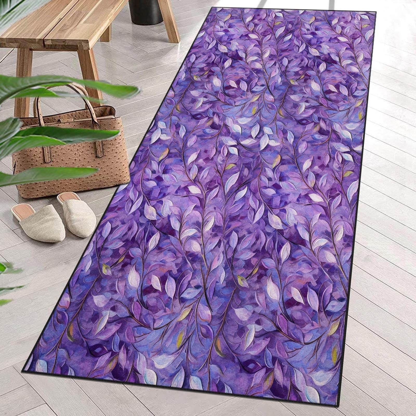 Area Rug Purple Plant Leaves 2′ x 6′ Entry Runner Rug Non-Slip Washable Indoo…