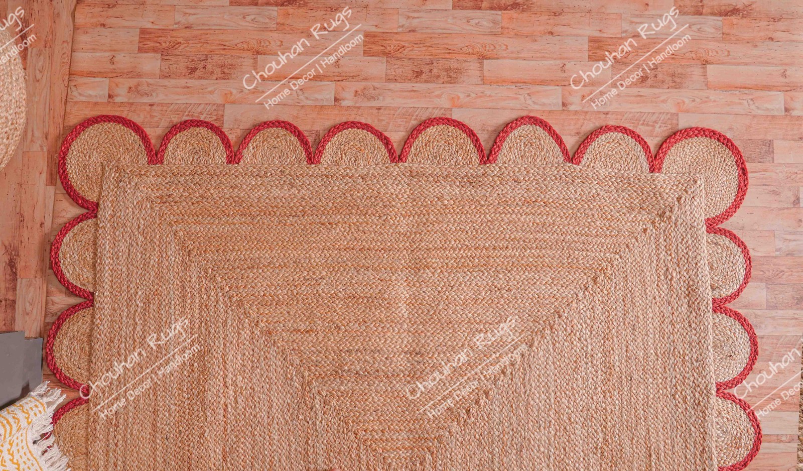 Hand Braided Natural Red Scallop Jute Runner Rug Farmhouse Decor Hallway Runner