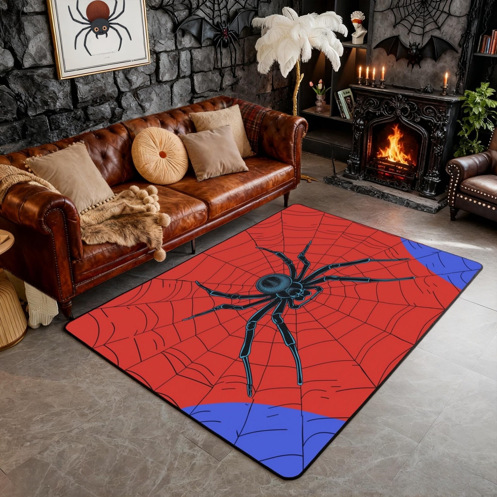 Halloween Spider Area Rug 3’x5’x0.39”,Red Blue Spider Web Halloween Wild Ani…