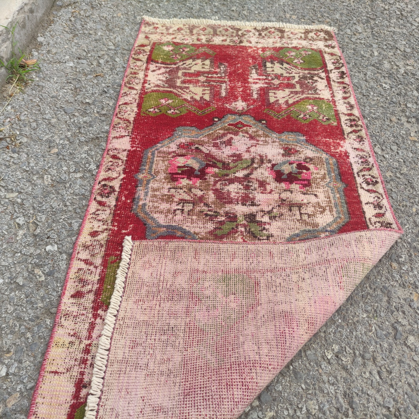 Roses Vintage rug 2×4 mini runner rug 1.74 x 3.9 ft. worn carpet 53 x 119 cm