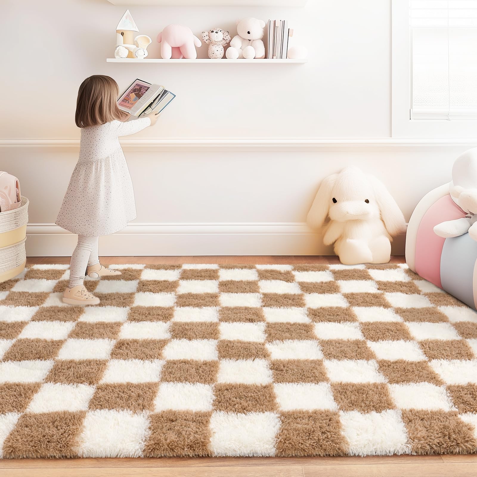 Checkered Rug 9×12 for Living Room, Ultra Fluffy Fuzzy Shag Large Area Rug fo…