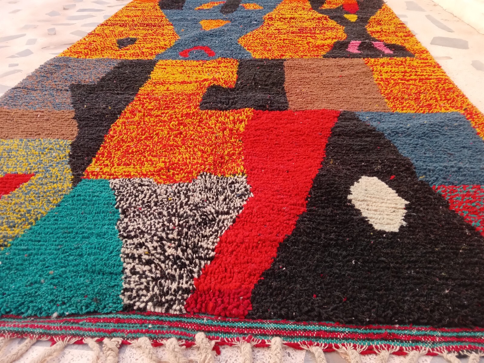 Moroccan Rug Boujaad Handmade Berber 6’4×9’7 Traditional Orange Black Wool Rug