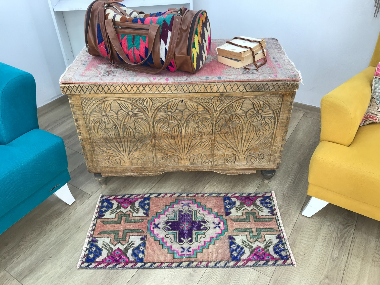 wool turkish rug, mat for kitchen, floor rug, wool porch rug, 1.4 x 2.9 ft