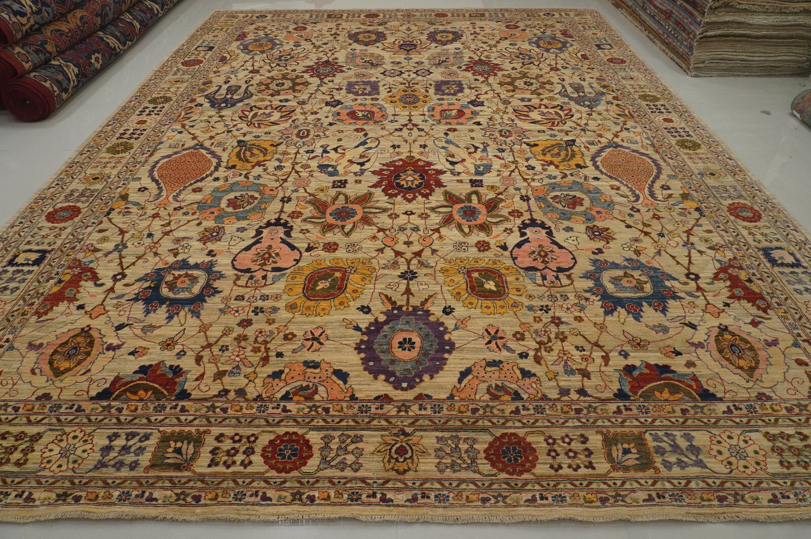 12×15 Beige Bidjar Afghan Hand Knotted Wool Transitional Oriental Rug