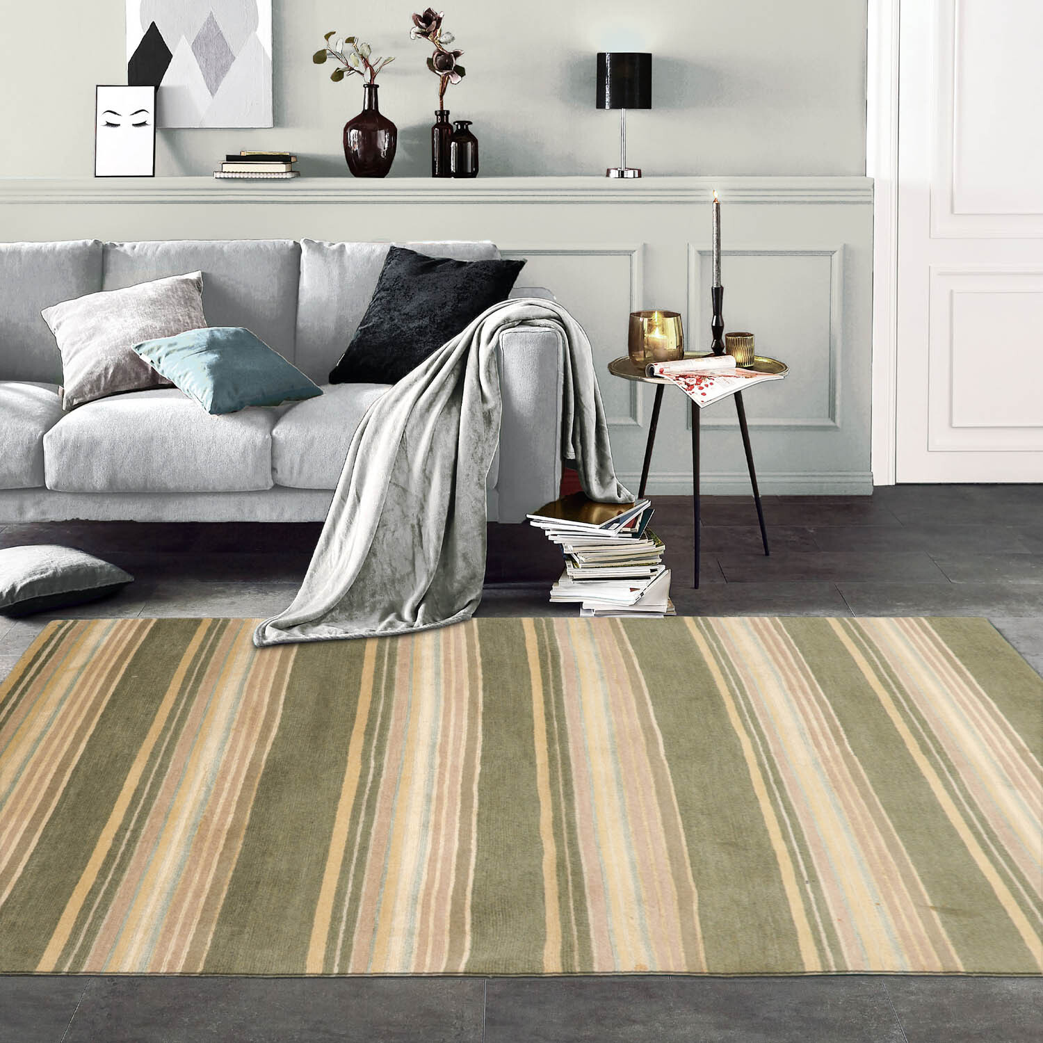 4×6 Beige Hand Knotted Modern Tibetan Striped Wool & Silk Area Rug