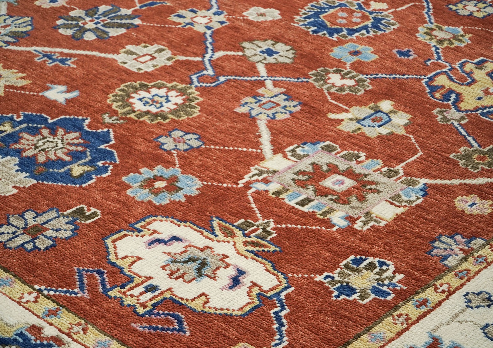 9’1”x12’2” Hand Knotted Wool Burnt Orange, Ivory Oushak Arts & Crafts Rug
