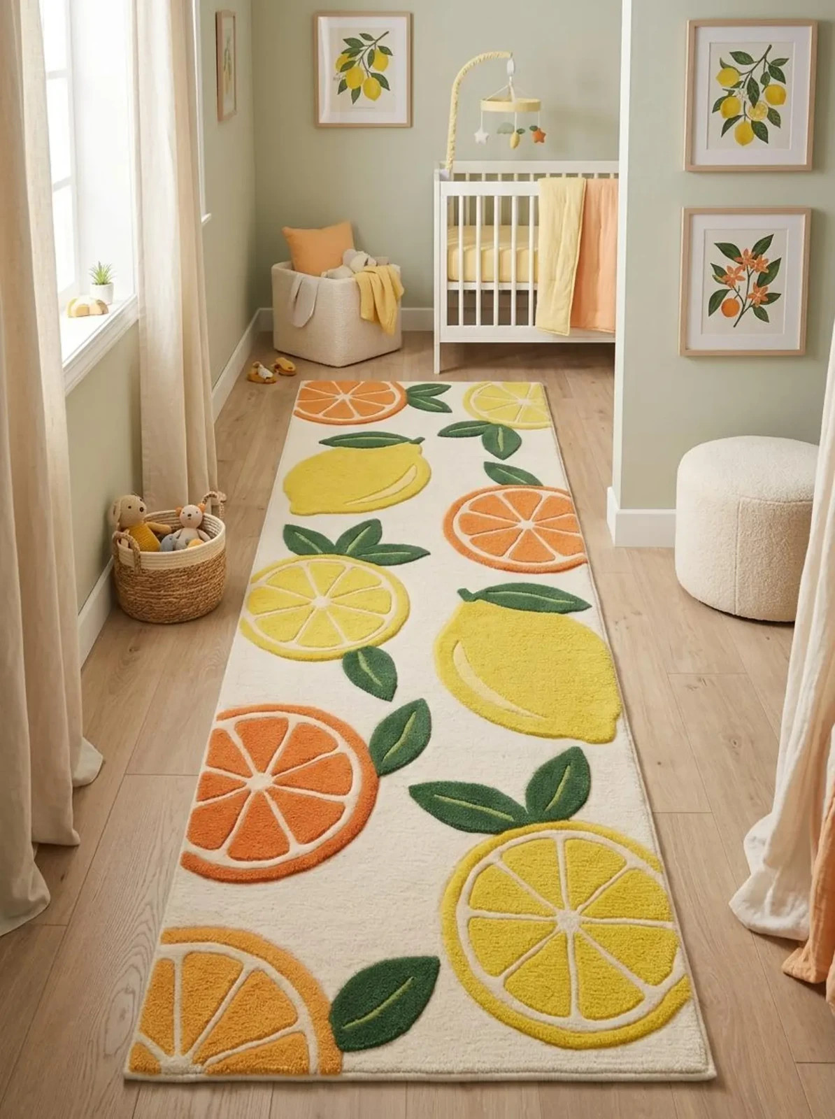Citrus Kitchen Runner Rug, Hand Tufted Wool Lemon Orange Carpet for Hallway