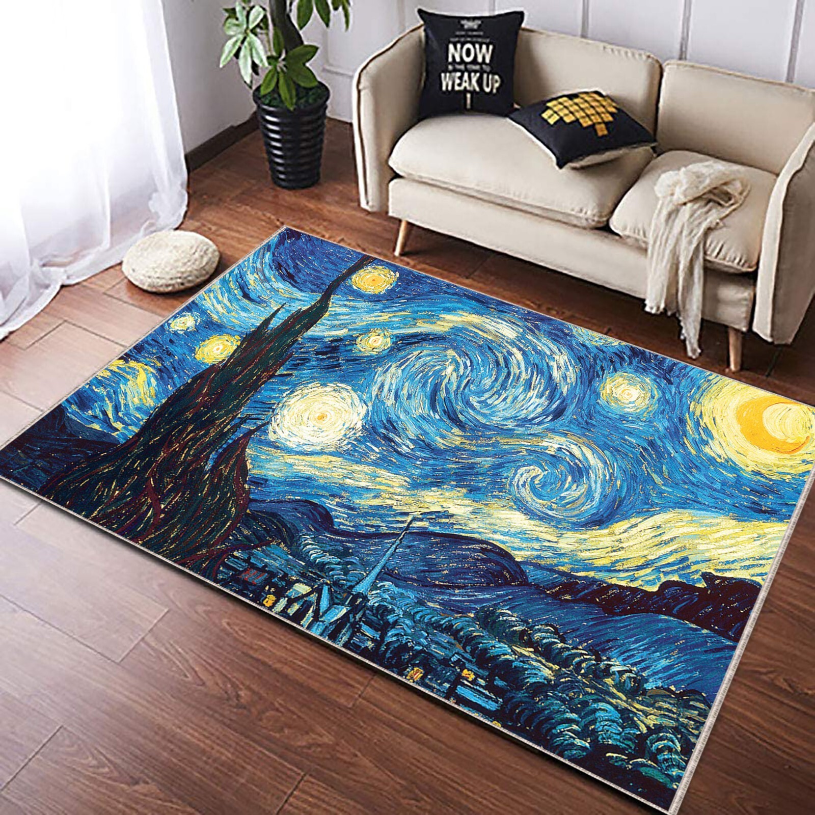 StarryNightRug, VanGoghArt, ArtisticCarpet, HomeDecor, BohoStyle, LivingRoomRug