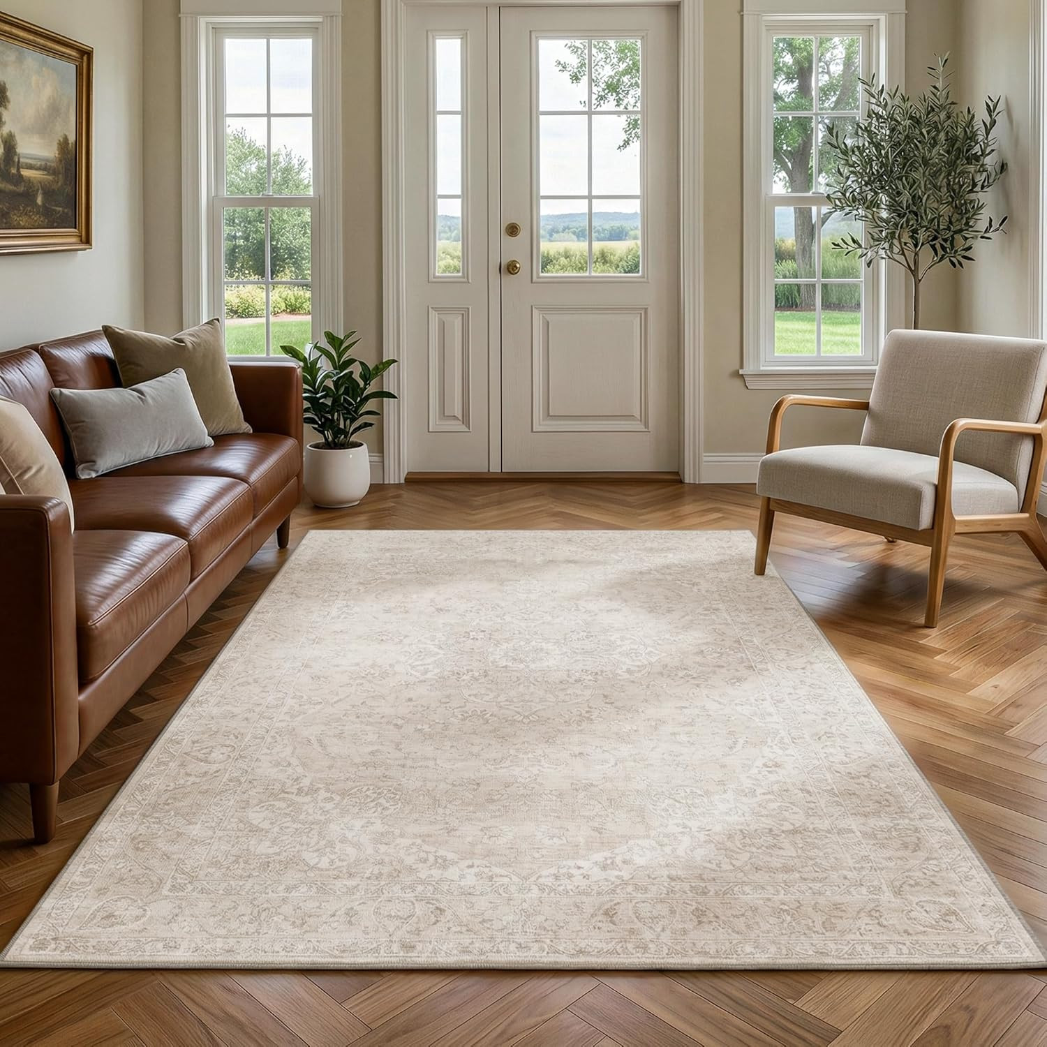 5X7 Washable Area Rug Neutral Beige Vintage Distressed Oriental Non Slip Low Pil