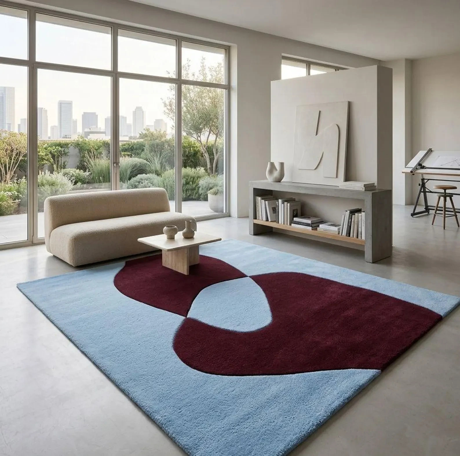 Luxury Hand-Tufted Wool Rug – Modern Abstract Geometric – Burgundy & Blue Carpet