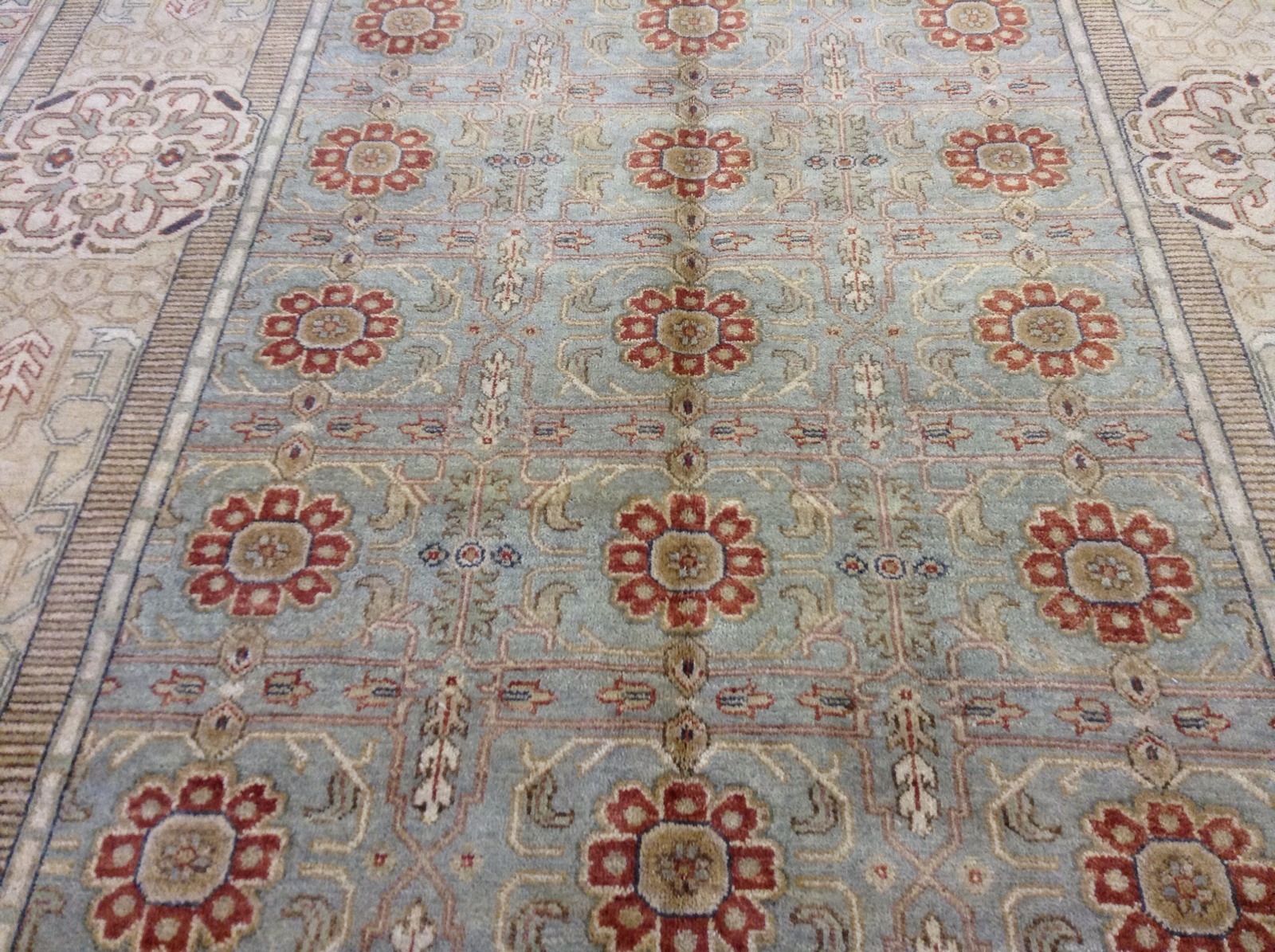 10’ X 14’ Light Blue Rust Beige Fine Geometric Oriental Rug Hand Knotted Wool