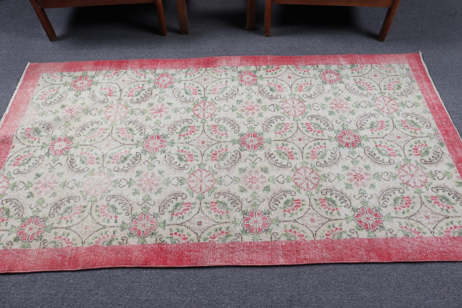 Vintage Rug, 3,7×6,7 ft Area Turkish Rug, Red Green Floral Rug