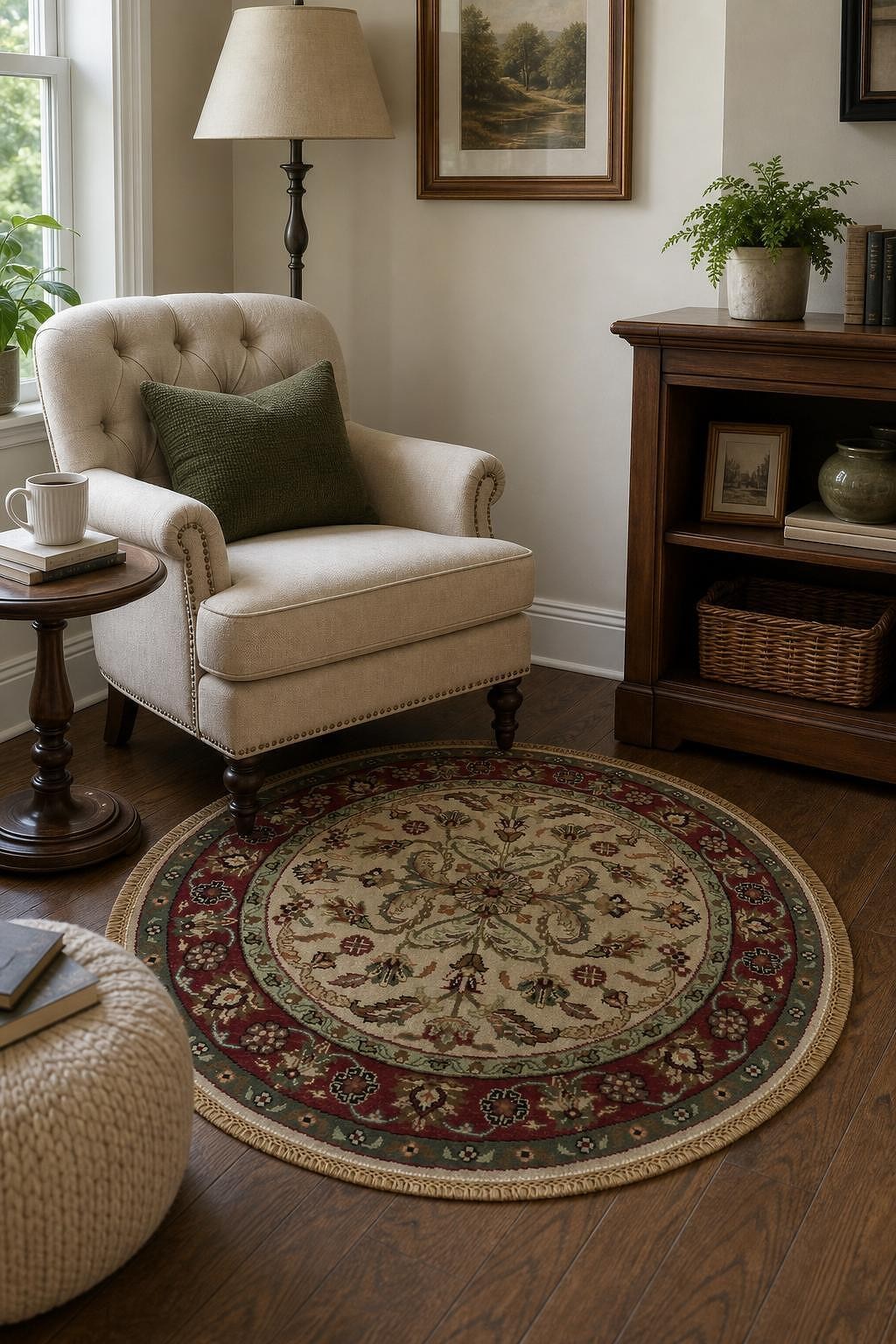 Classic Red and Taupe Beige 4×4 Round Rug with Exquisite Detailed Motifs