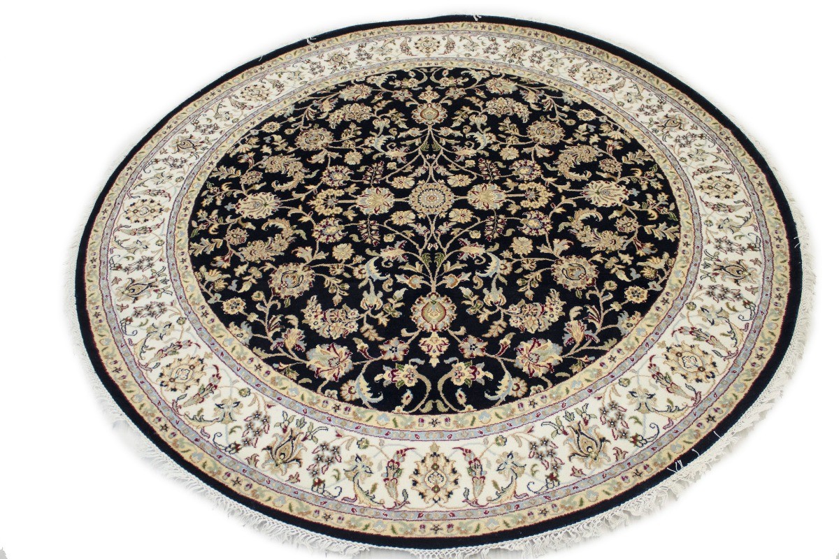 7X7 Handmade Indo-Nain Dark Navy Floral Design Round Oriental Rug Room Carpet