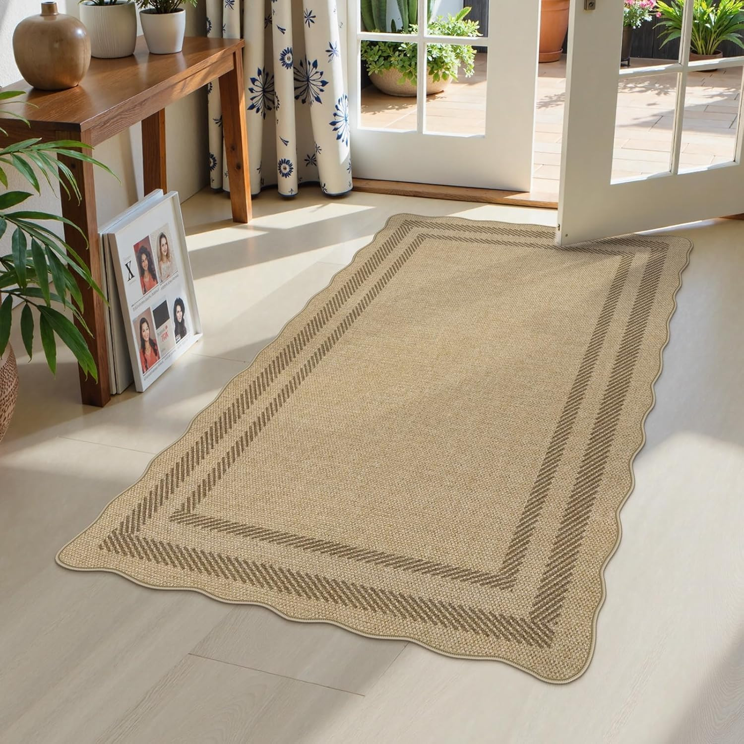 Scalloped Easy Jute 3X5 Outdoor Rug, Washable Non-Slip Geometric Tan Rugs for En
