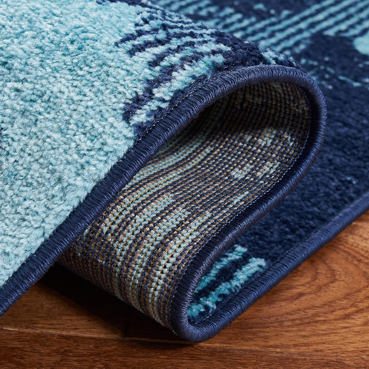 Navy & Aqua Floral Area Rug 8×10 – Non-Shedding, Easy Clean, Adirondack Collecti