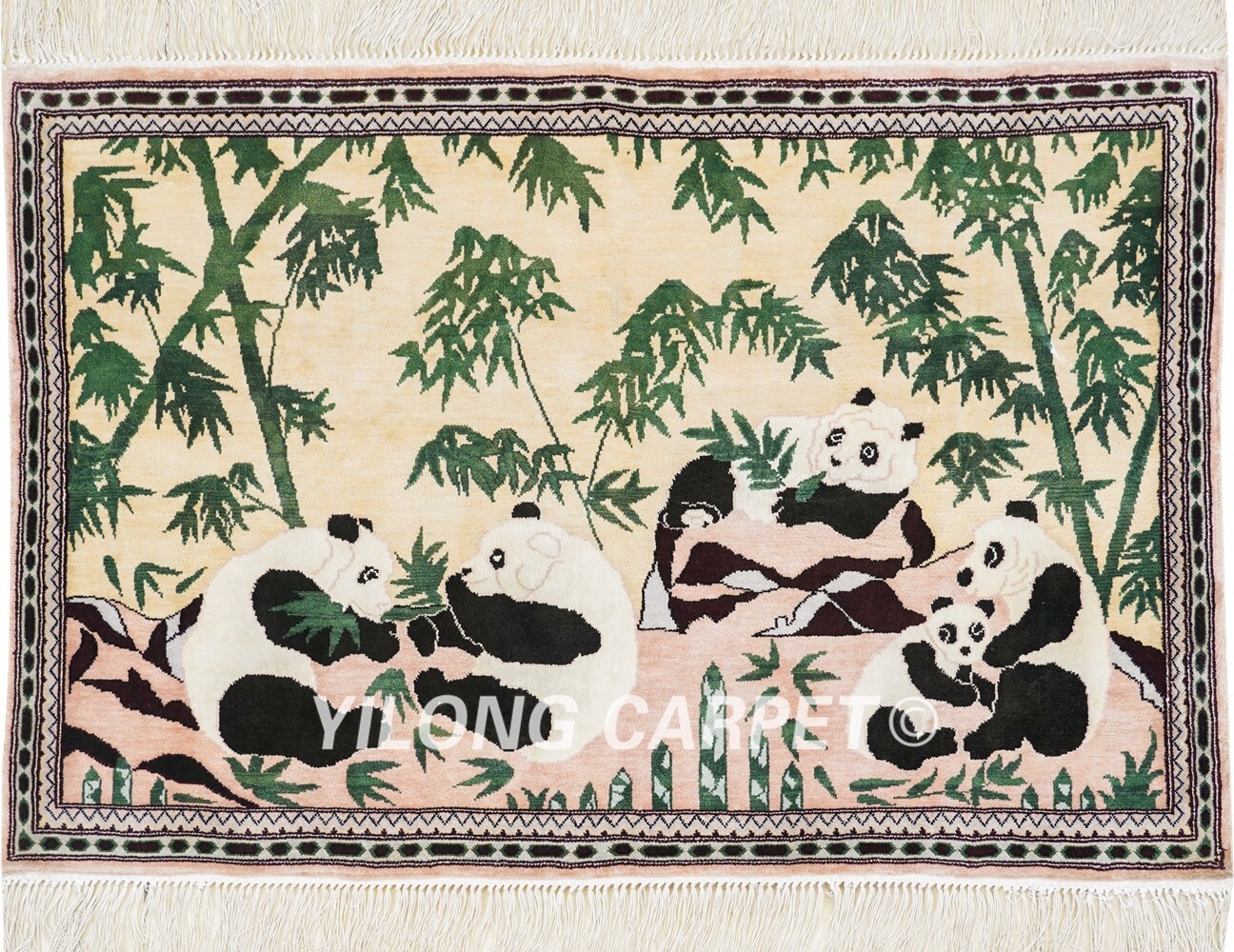 2x3ft Handmade Silk Area Rug Pandas Pattern Tapestry Hand-knotted Carpet LJH095A