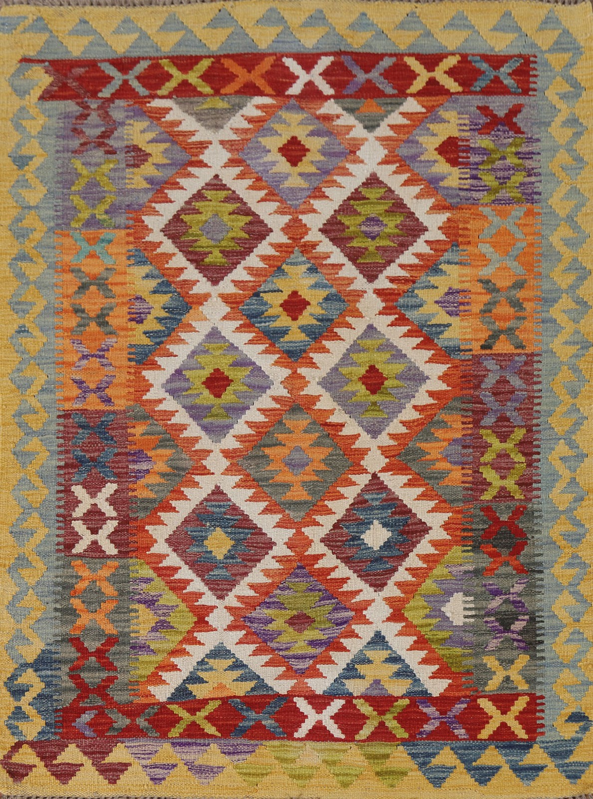 South-western Kilim Wool Accent Rug 4×5 Flat-weave Colorful Reversible Carpet