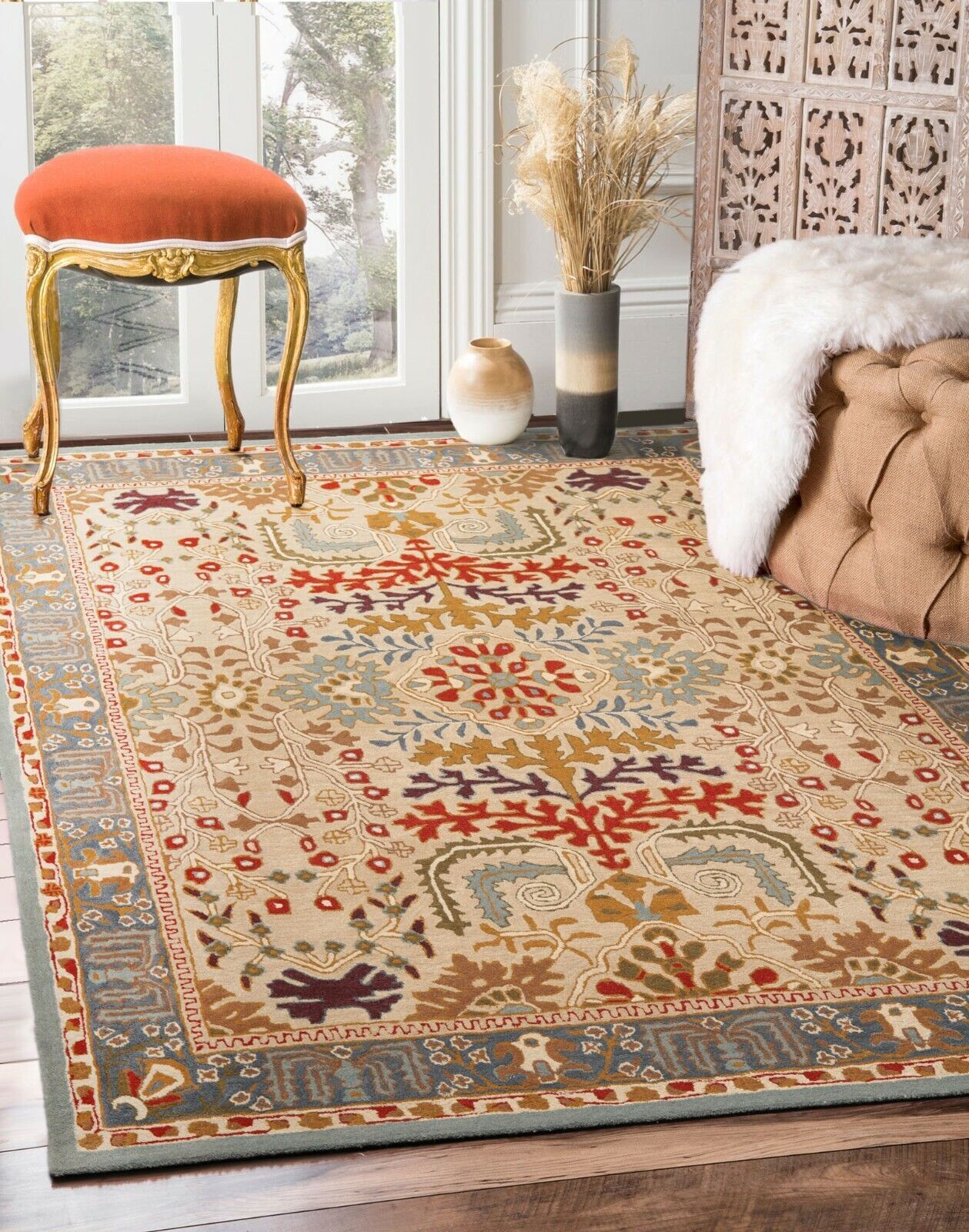 Tree life Handmade 100% Wool Arts & Craft Transitional Oriental Area Rug Beige