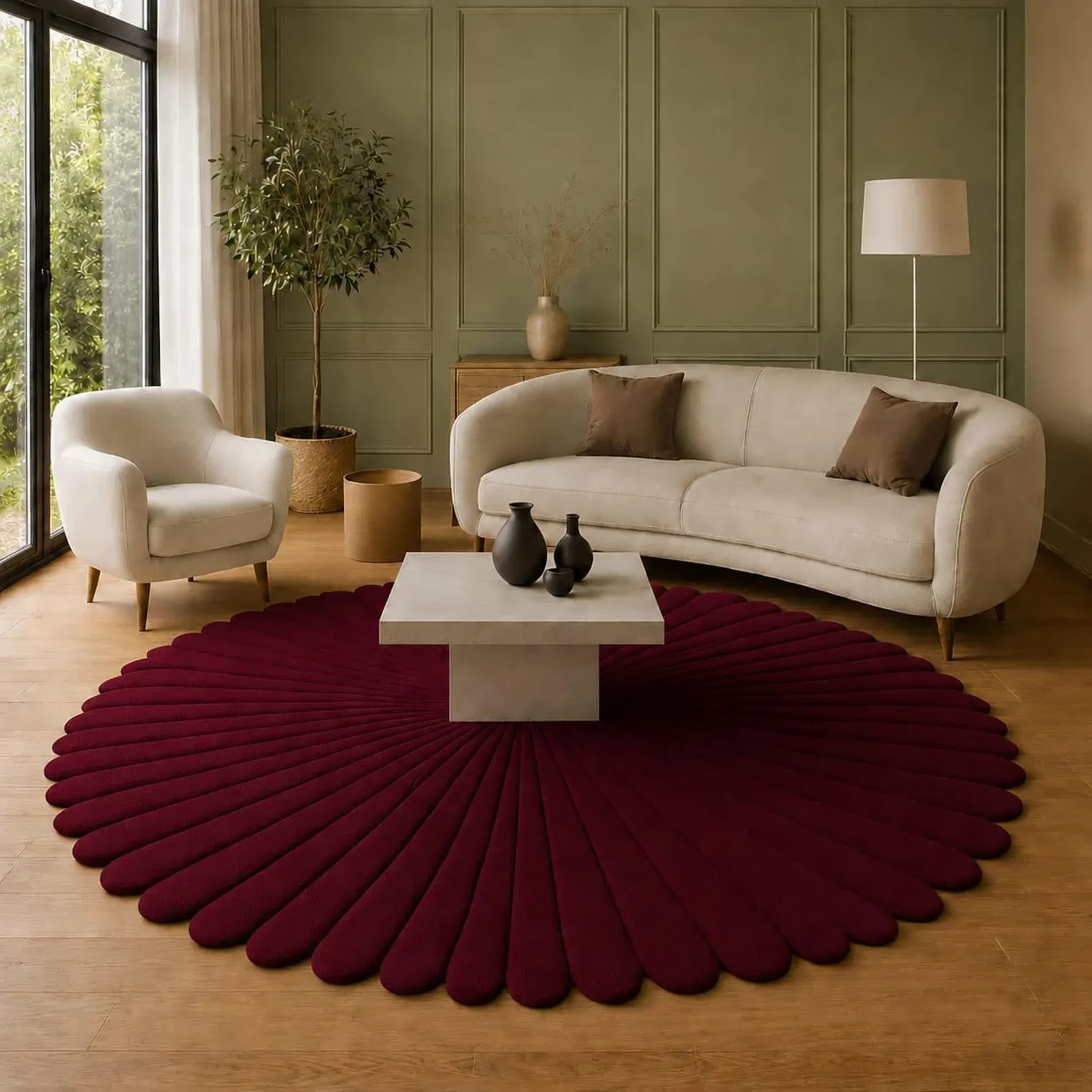 Hand Tufted Wool Deep Burgundy Scalloped Rug, Modern Abstract Round Area Rug