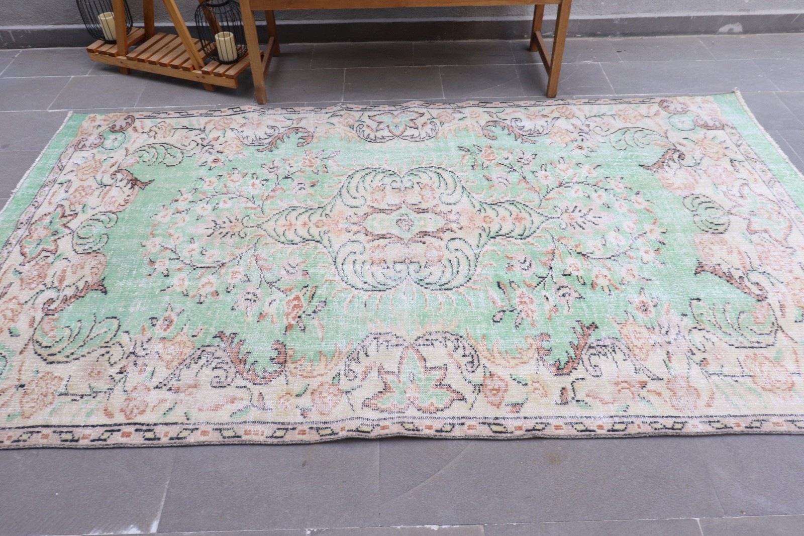 Vintage Rug, 5,2×8,9 ft Large Rug, Green Brown Wool Rug