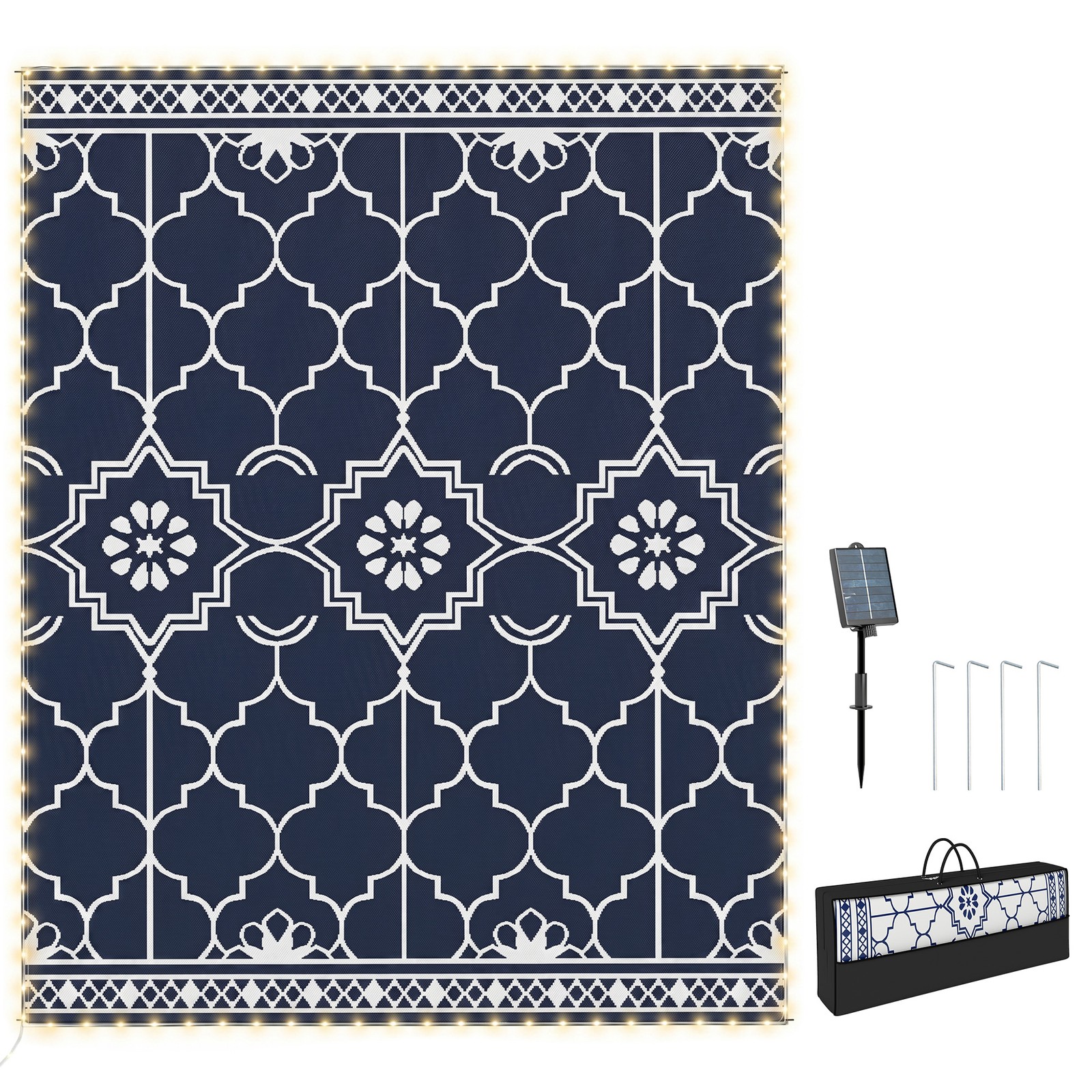 Outsunny Reversible Outdoor Rug Carpet with LED Lights, PP Straw Rug
